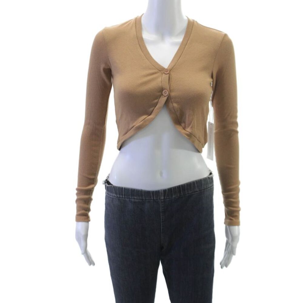 Stateside Women Cardigan Ribbed Knit V-Neck Long Sleeve Beige Size XS